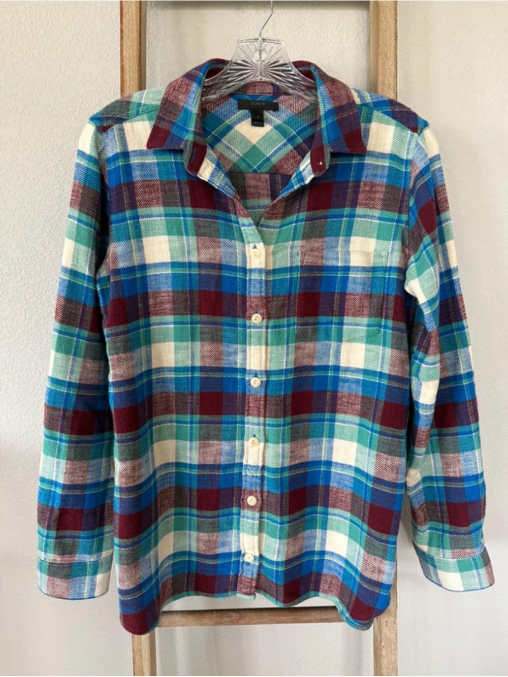 J. Crew Plaid Button-Down Shirt - Burgundy, Teal & Cream